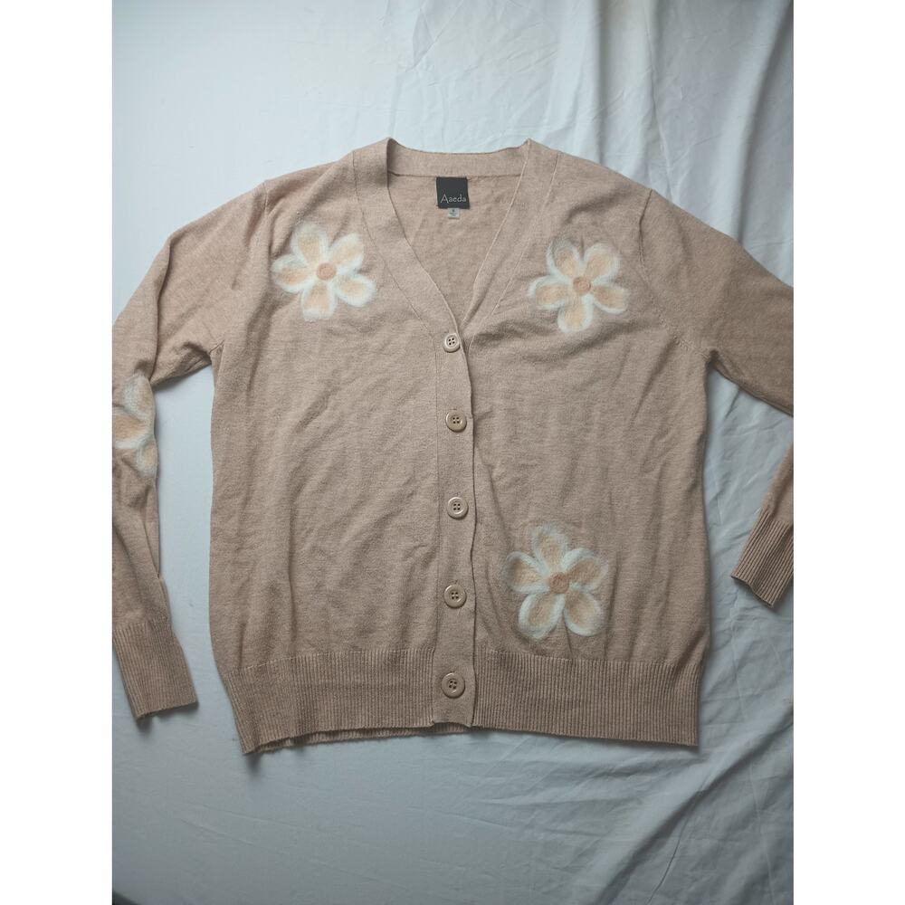 Aaeda Women Longsleeve Embroidered Cardigan Sweater Button up Floral Beige Small
